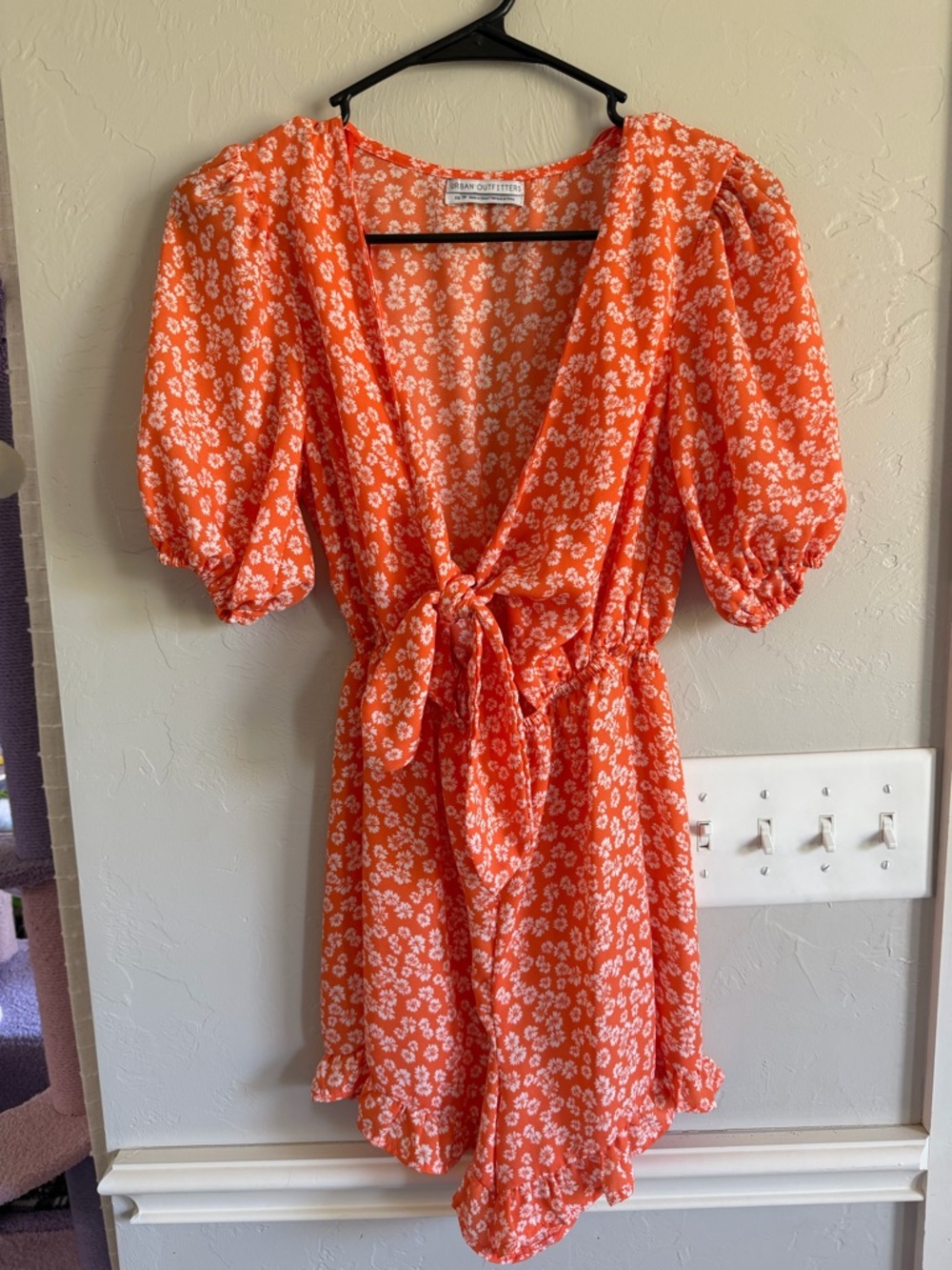 Urban Outfitters Orange Floral Tie-Waist Puff Sleeve Mini Dress